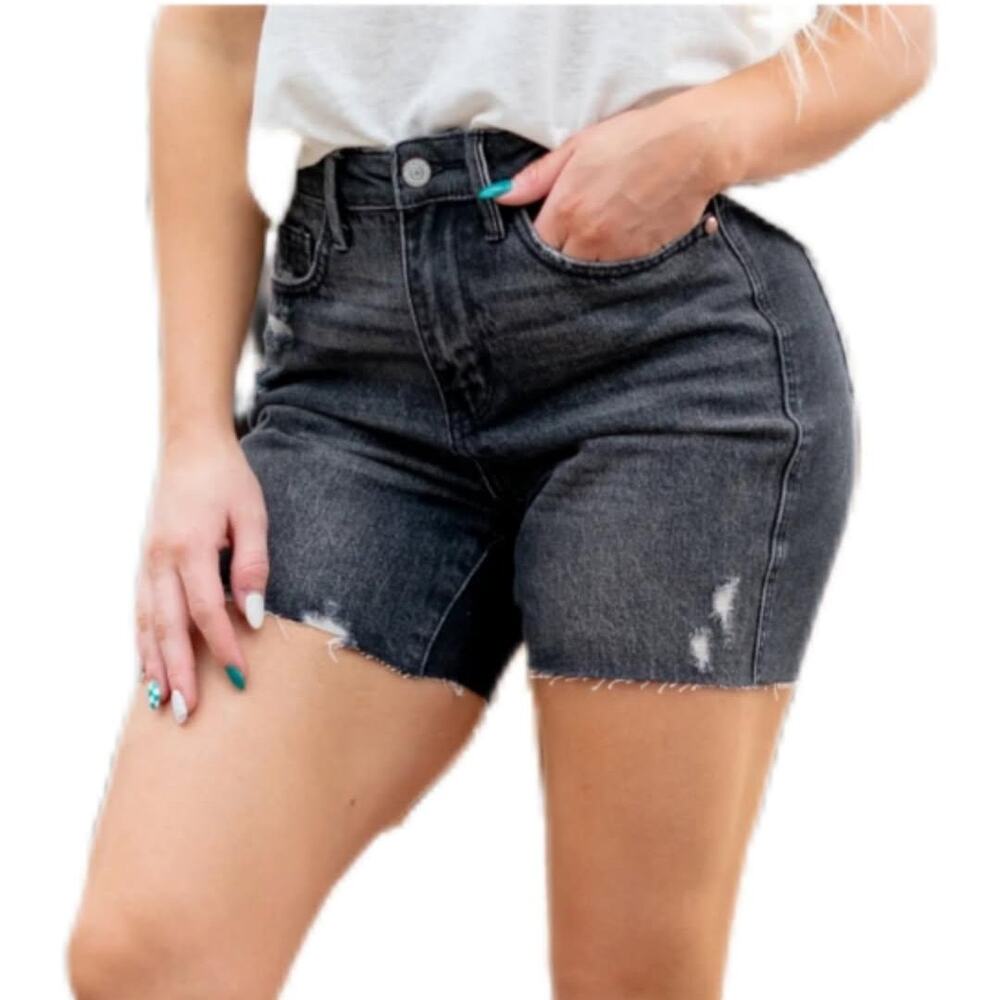 Judy Blue Womens Curvy Black Denim Rigid Magic High Rise Raw Hem Shorts Size L